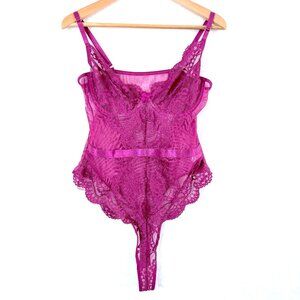Aribest Lingerie Women M Fuchsia Pink Lace See Through Teddy Bodysuit Leotard